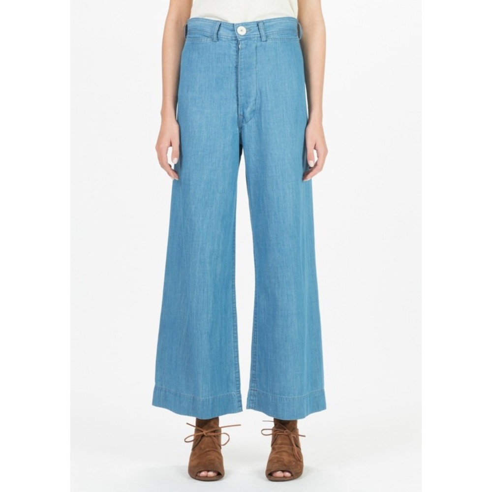 Jesse Kamm Sailor Pant Chambray Blue High Waisted Wide Leg Cotton- Size 6